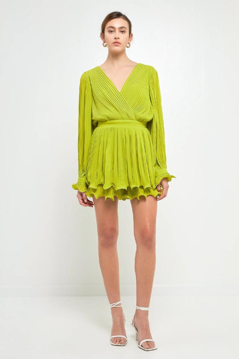 endless rose Pleated Long-Sleeve Romper LIME