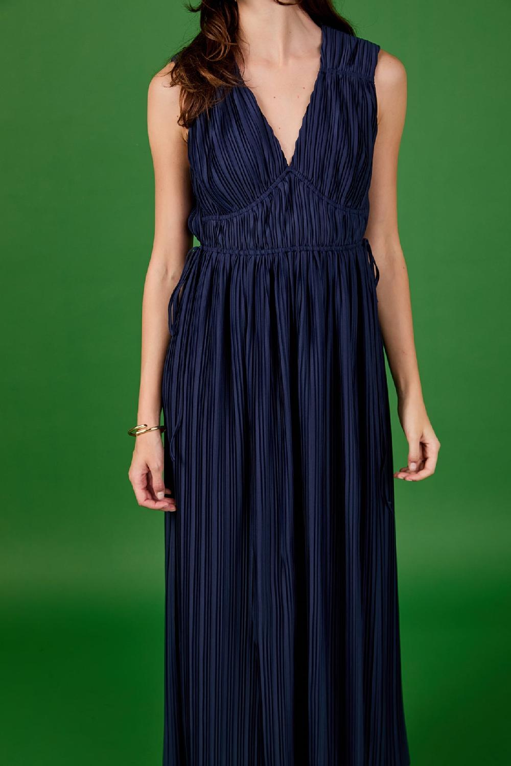 Endless Rose Pleated Straps Detail Midi Dress NAVY