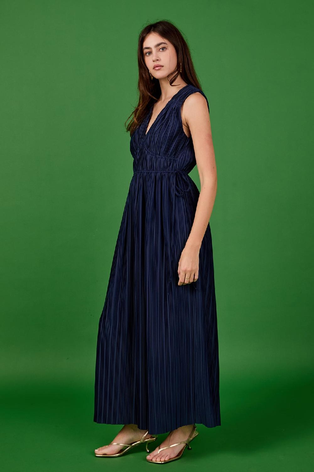 Endless Rose Pleated Straps Detail Midi Dress NAVY