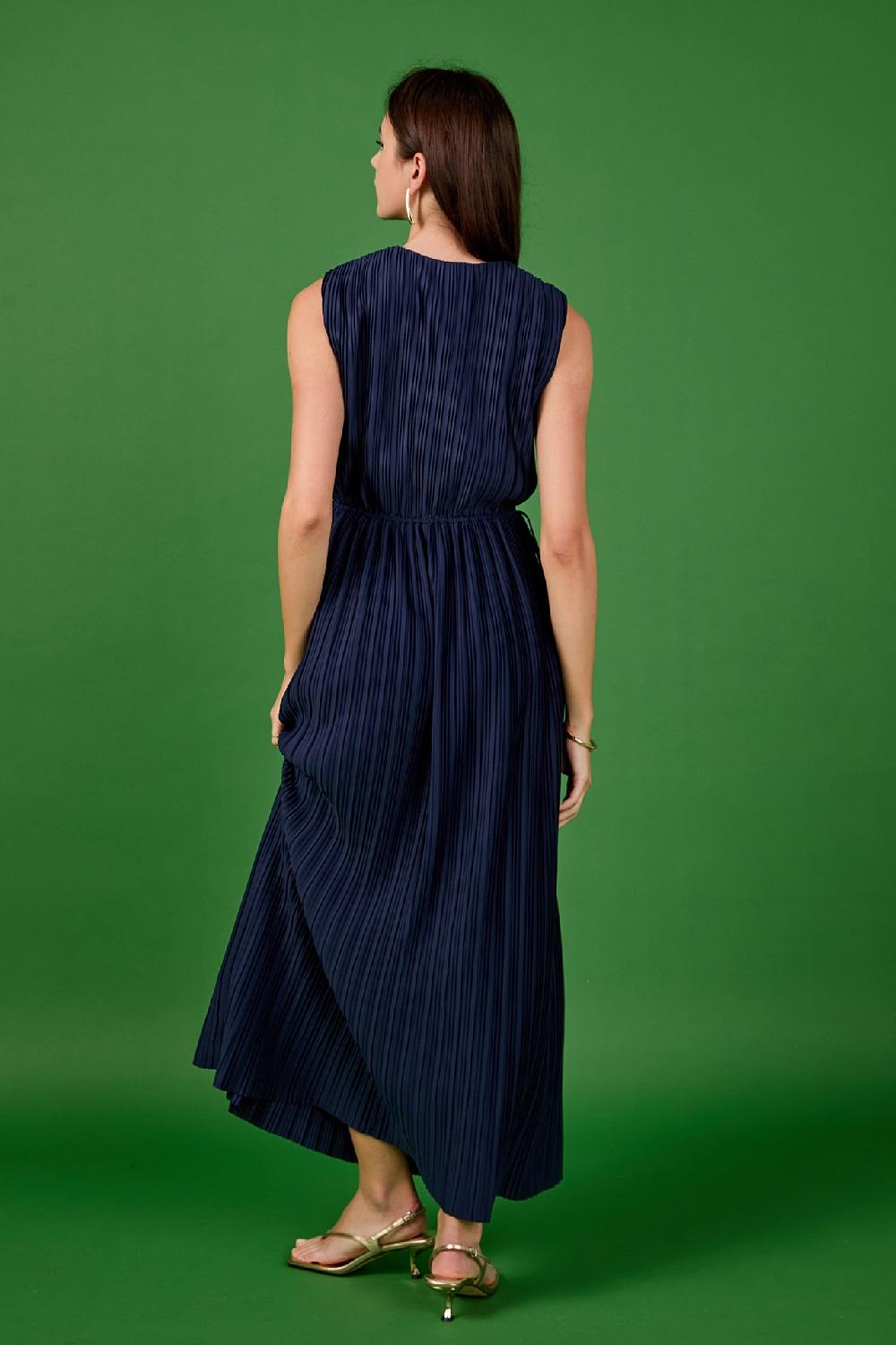 Endless Rose Pleated Straps Detail Midi Dress NAVY