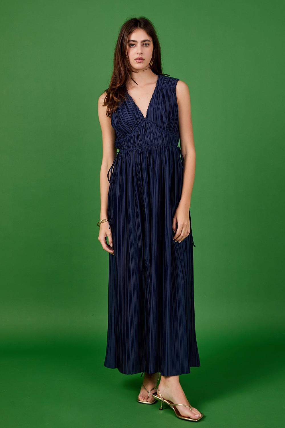 endless rose Pleated Straps Detail Midi Dress NAVY