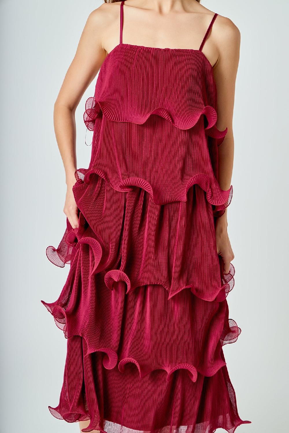 Endless Rose Pleated Tiered Long Dress BURGUNDY