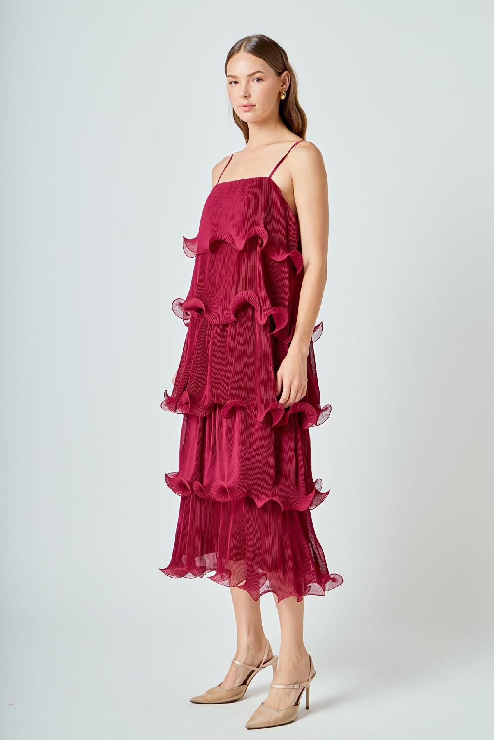 Endless Rose Pleated Tiered Long Dress BURGUNDY