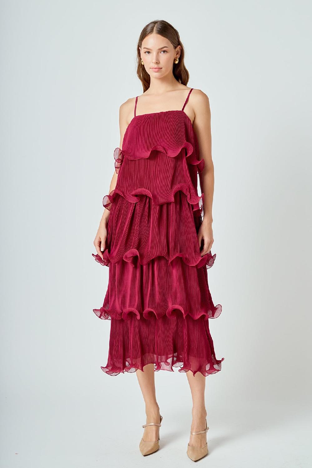 endless rose Pleated Tiered Long Dress BURGUNDY