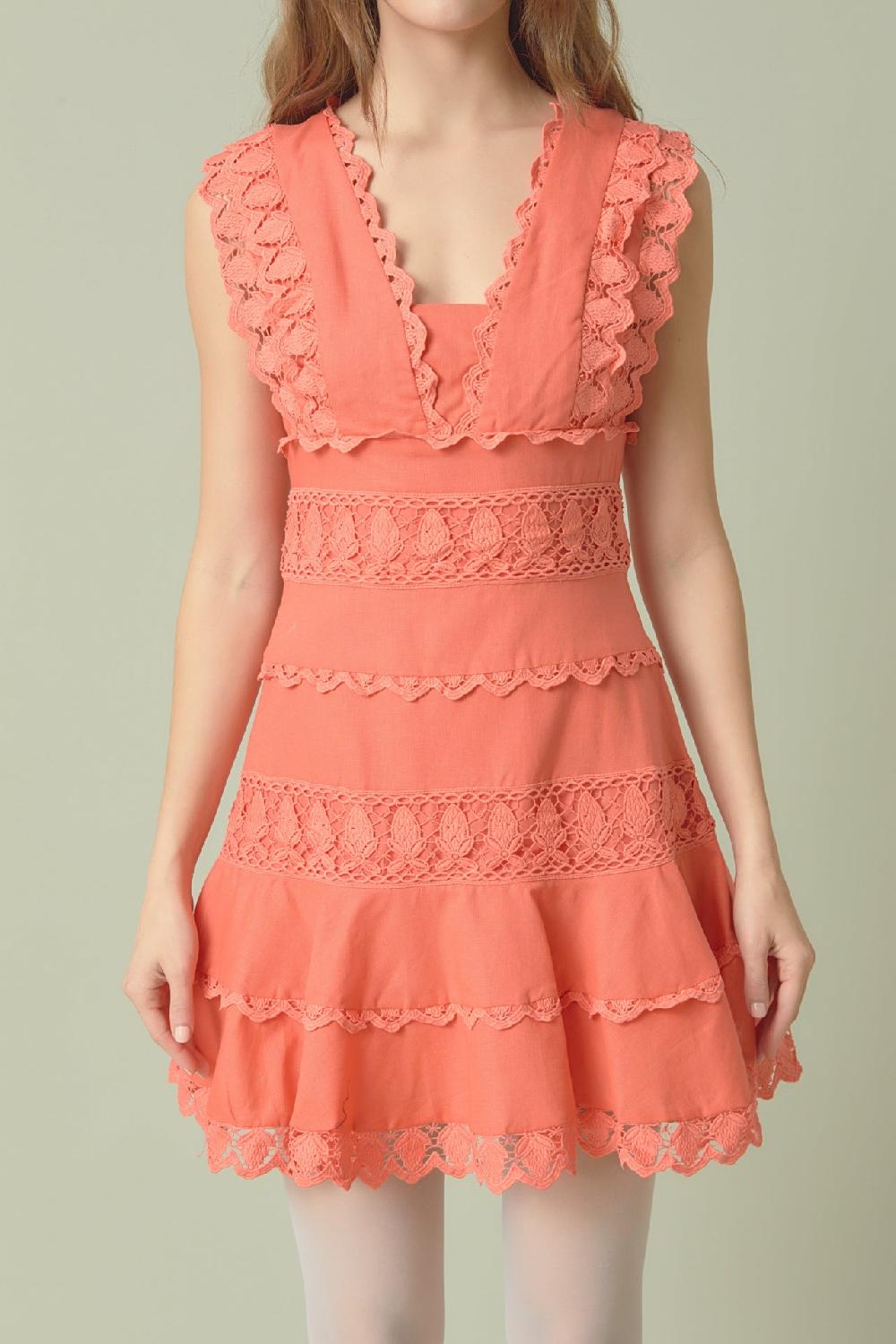 Endless Rose Plunging Neck Lace Trim Dress ORANGE