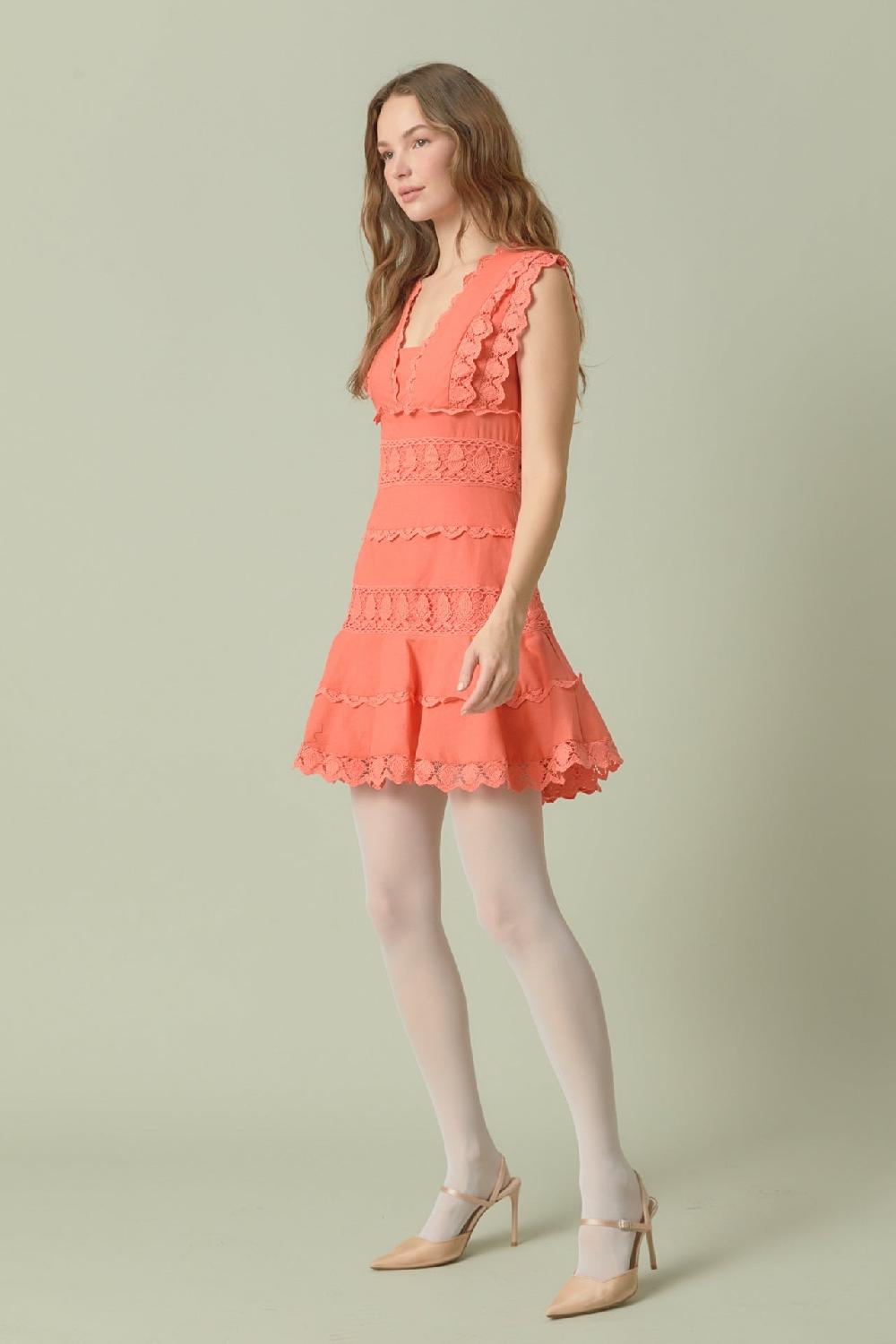 Endless Rose Plunging Neck Lace Trim Dress ORANGE