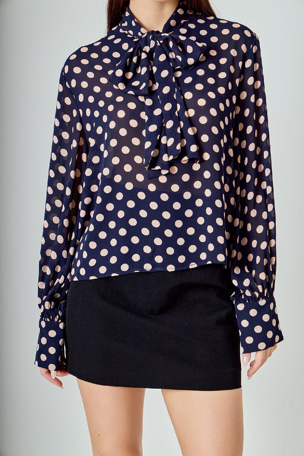 Endless Rose Polka Dot Neck Bow Top NAVY/PINK