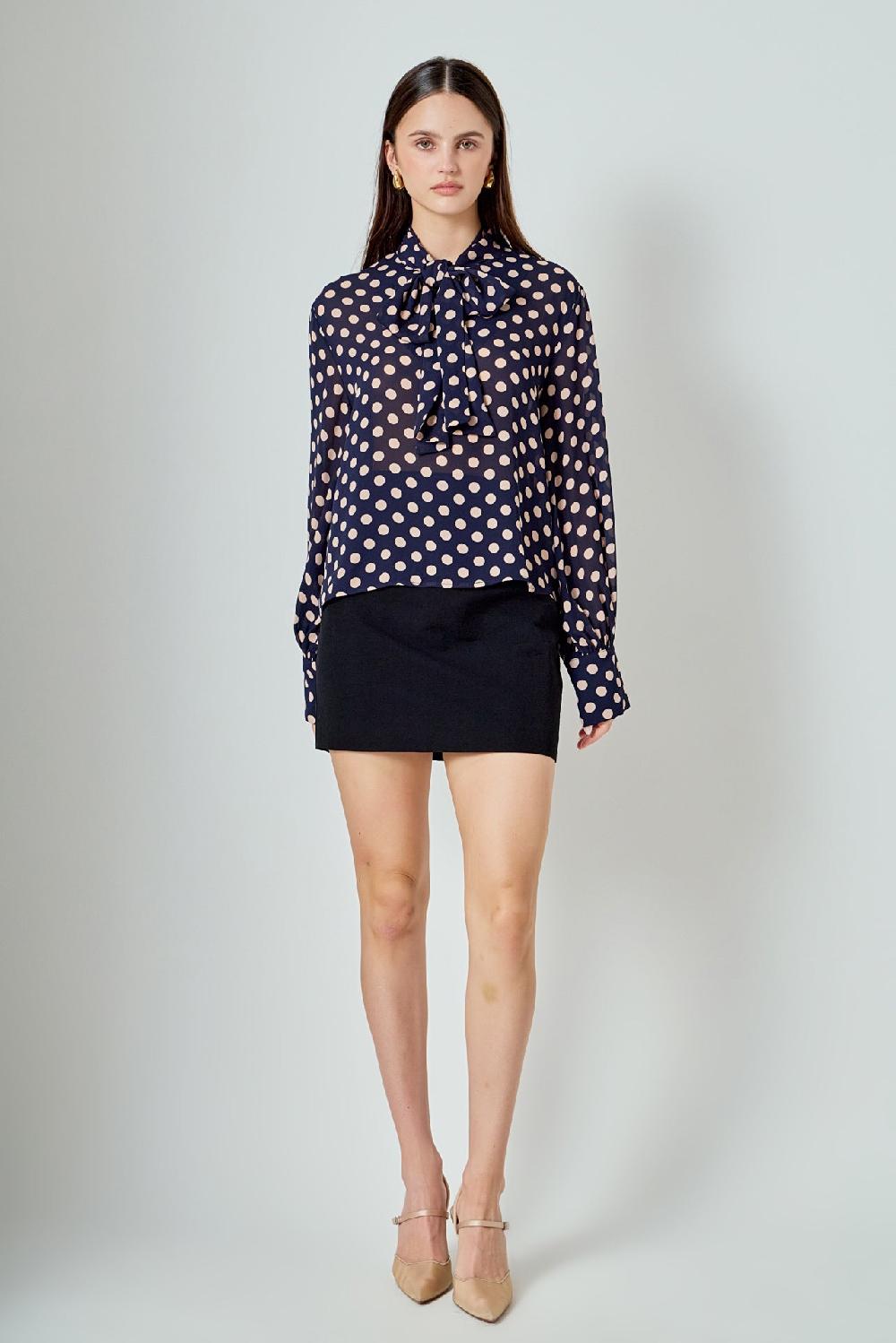 Endless Rose Polka Dot Neck Bow Top NAVY/PINK