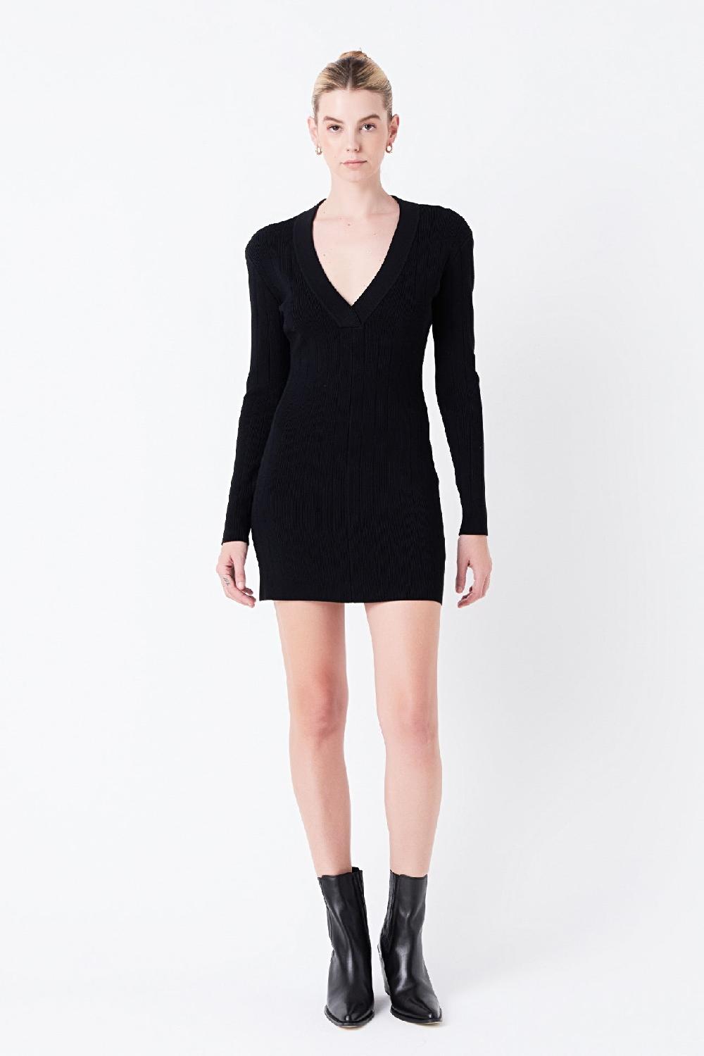 endless rose Power Shoulder Mini Knit Dress BLACK