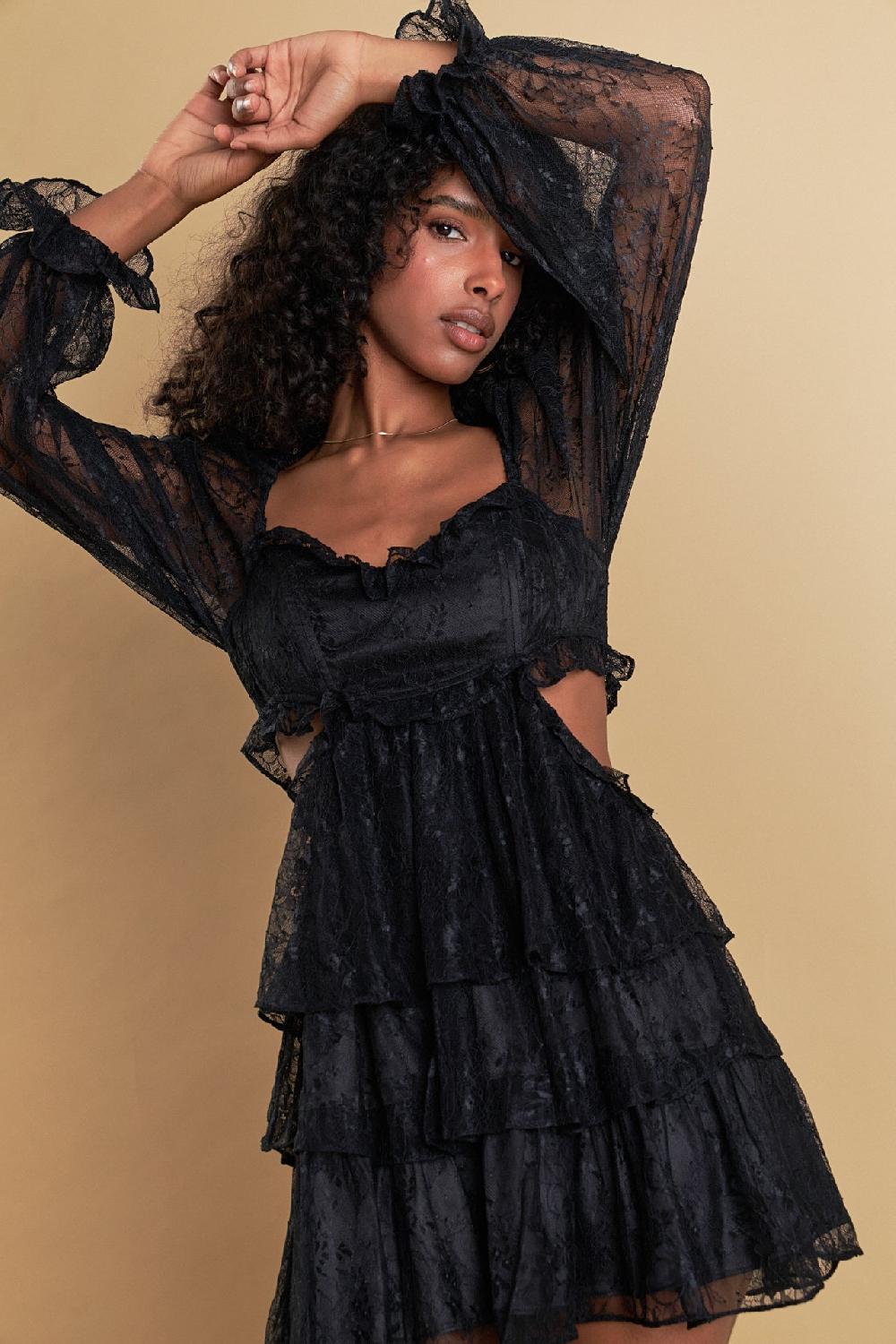 endless rose Premium Cut-out Lace Mini Dress BLACK