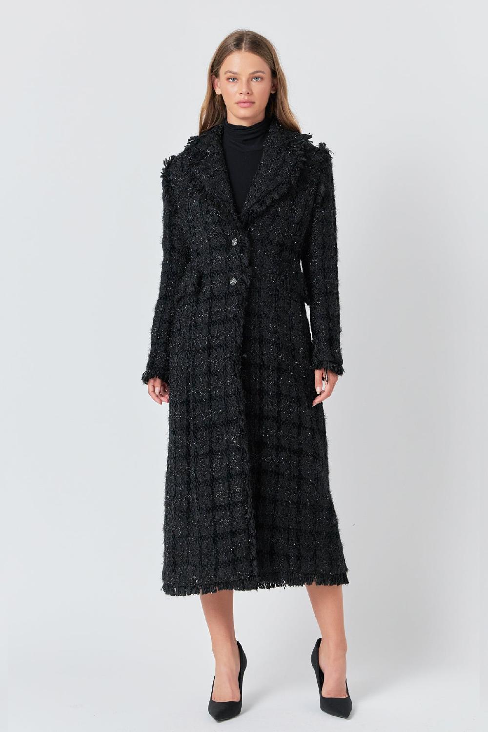 endless rose Premium Long Tweed Coat BLACK