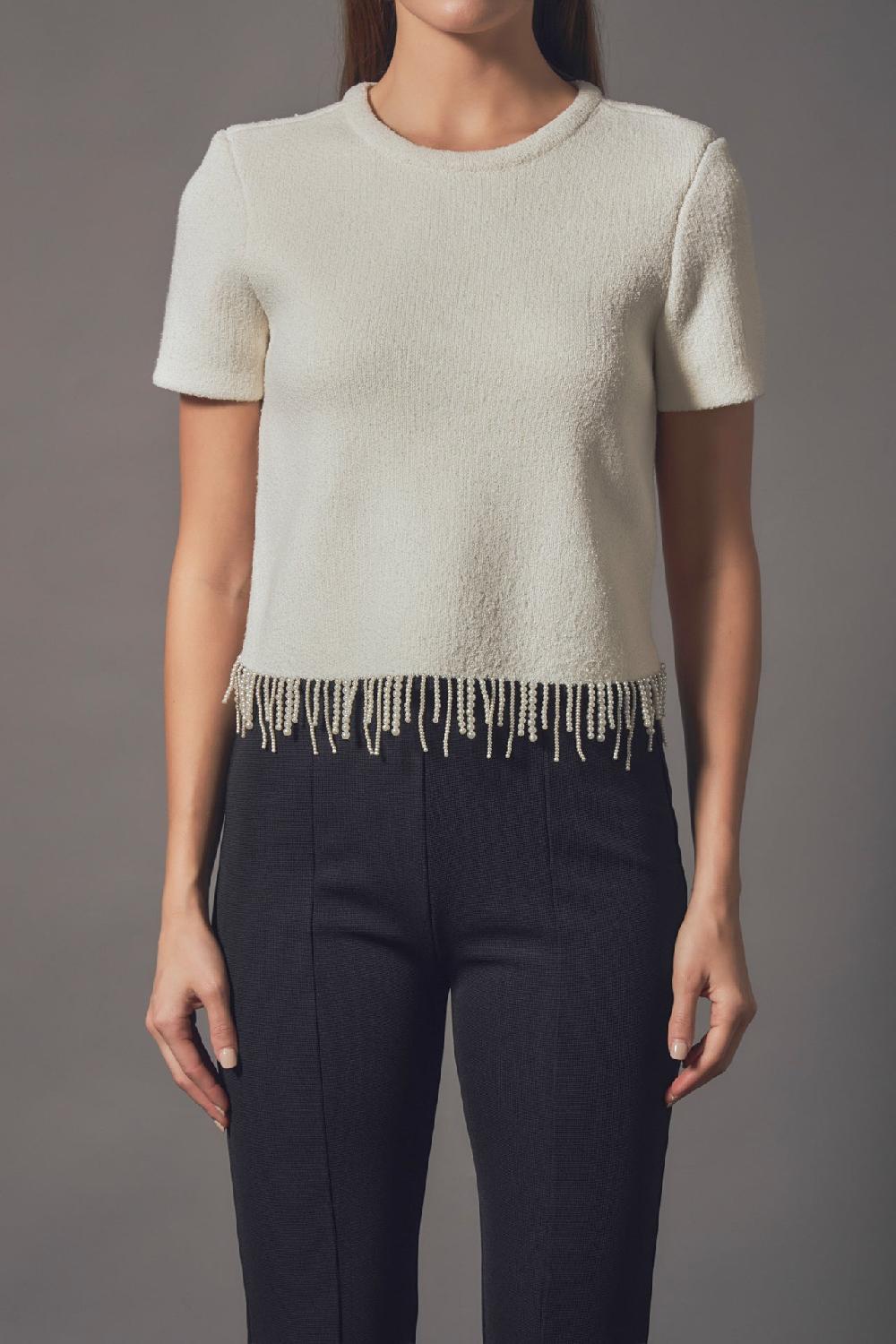 Endless Rose Premium Pearl Trim Knit Top CREAM