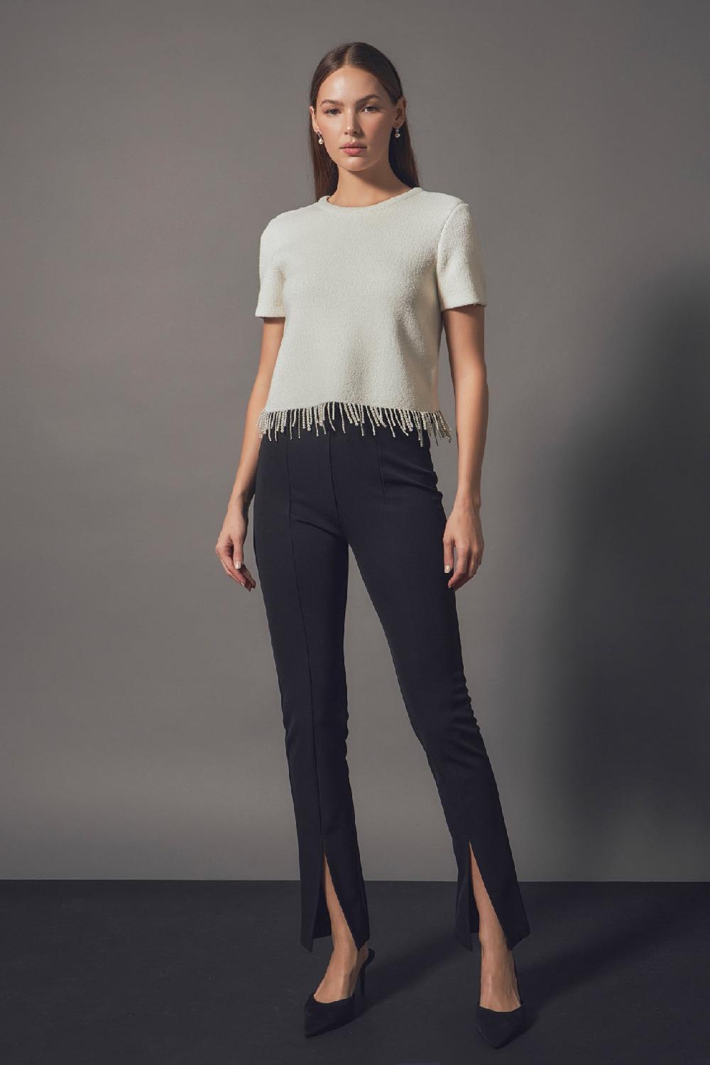 Endless Rose Premium Pearl Trim Knit Top CREAM