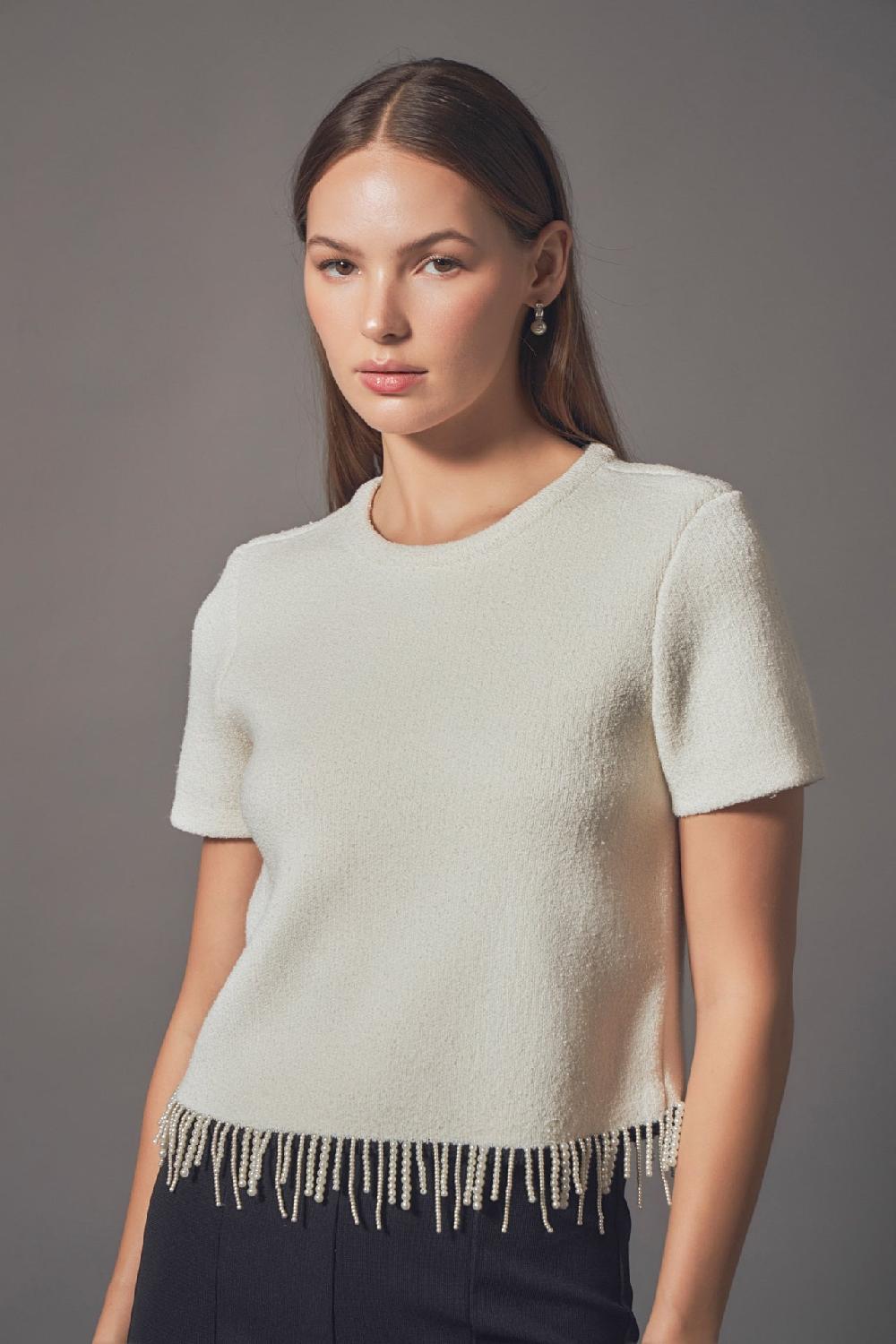 endless rose Premium Pearl Trim Knit Top CREAM