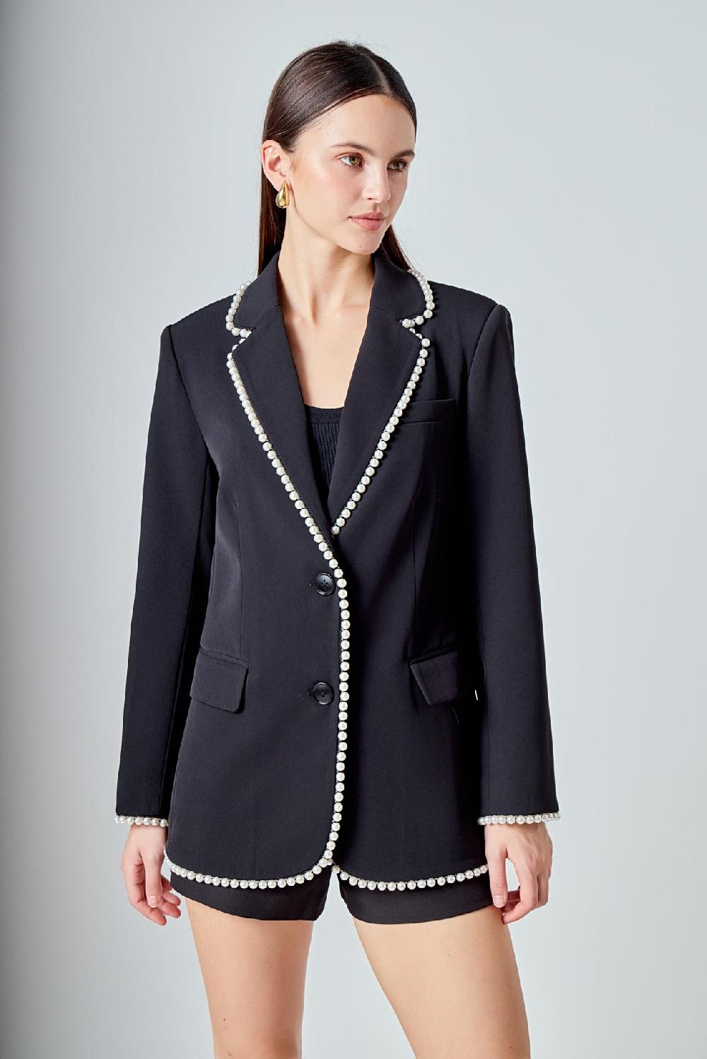 endless rose Premium Pearl-Trimmed Blazer BLACK