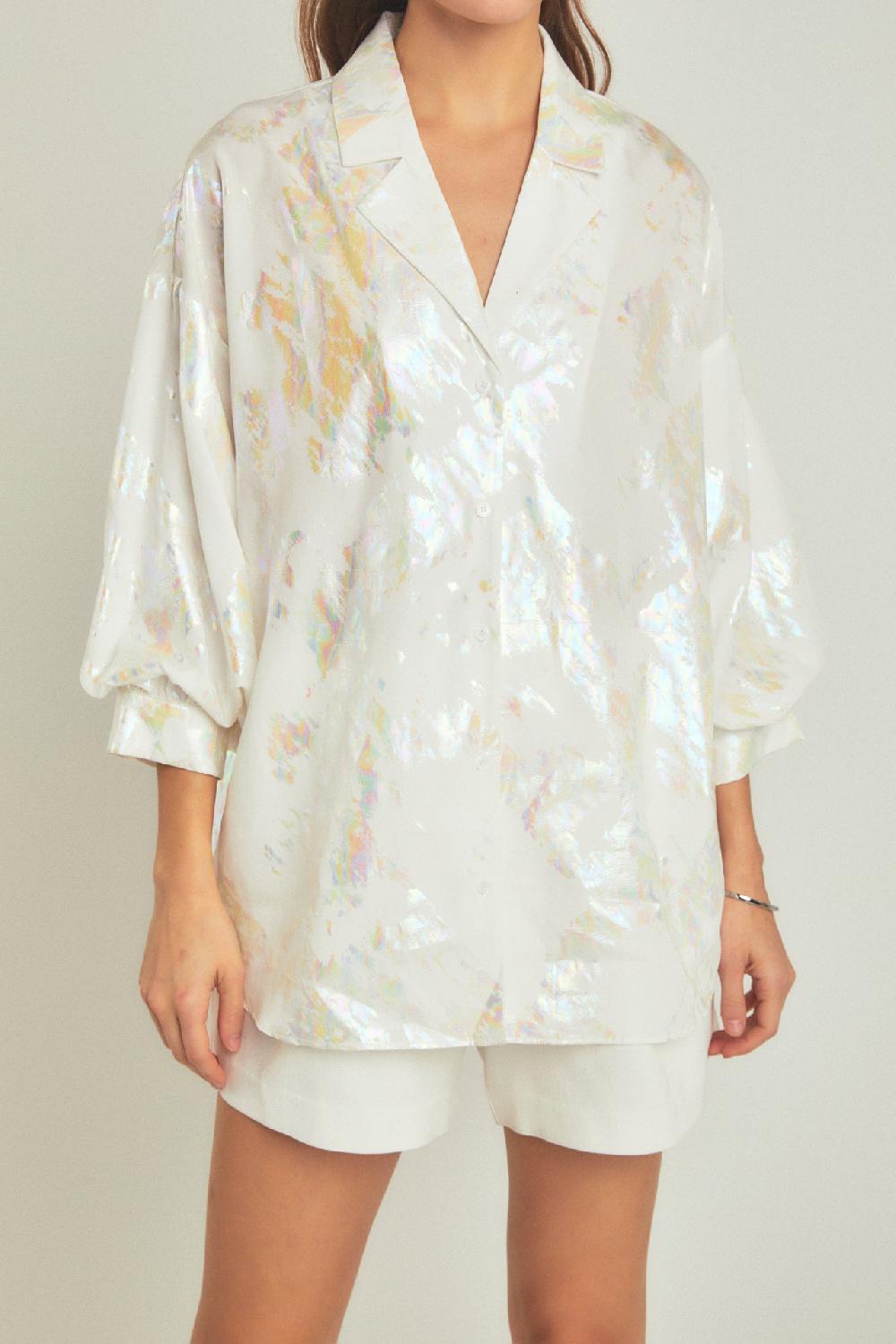 Endless Rose Print Foil Collared Shirt WHITE