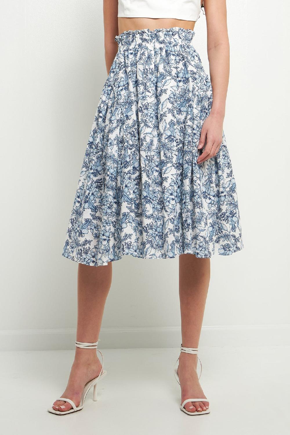 Endless Rose Print Linen Midi Skirt BLUE