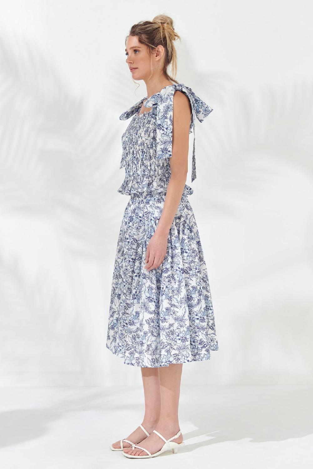 Endless Rose Print Linen Midi Skirt BLUE