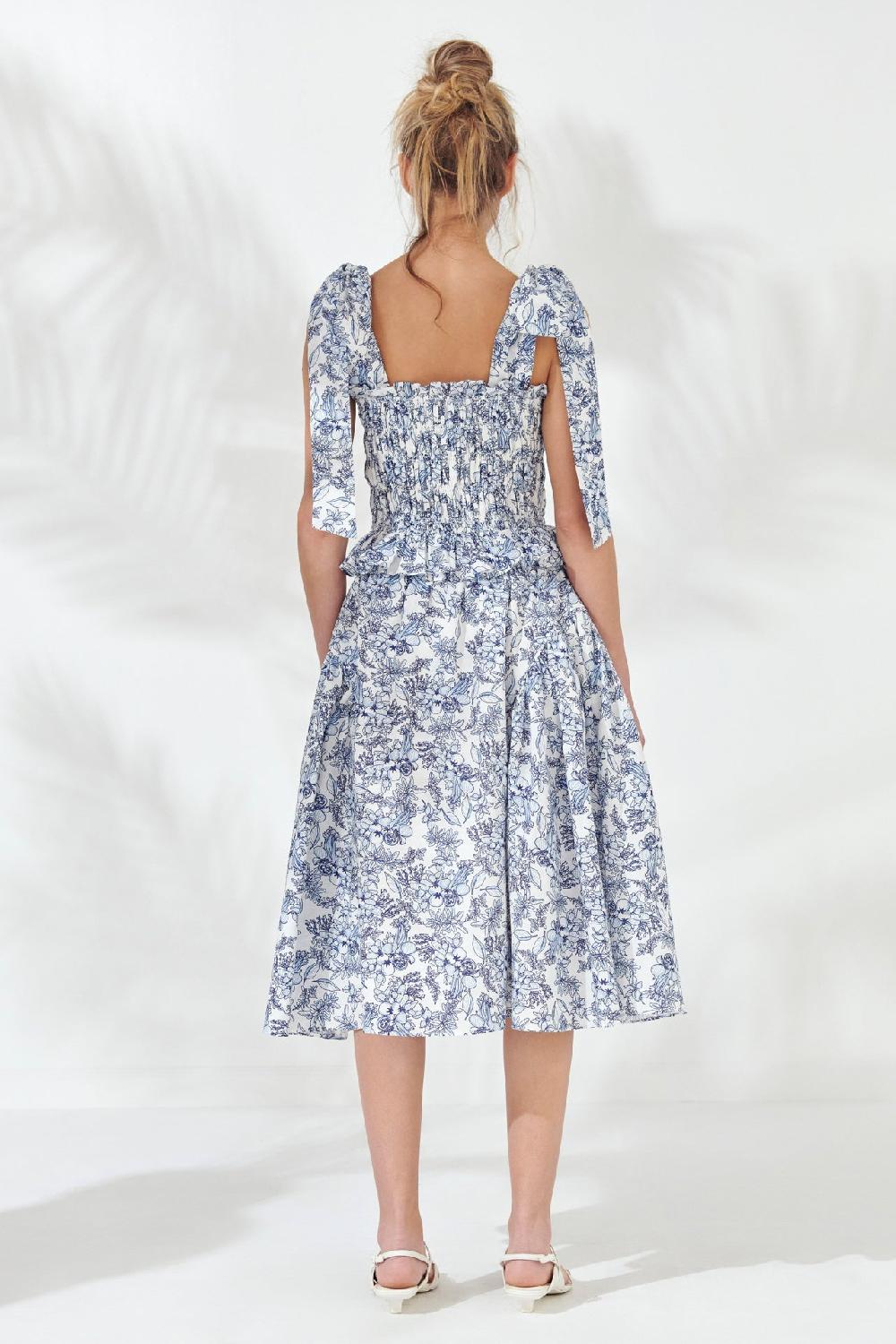 Endless Rose Print Linen Midi Skirt BLUE