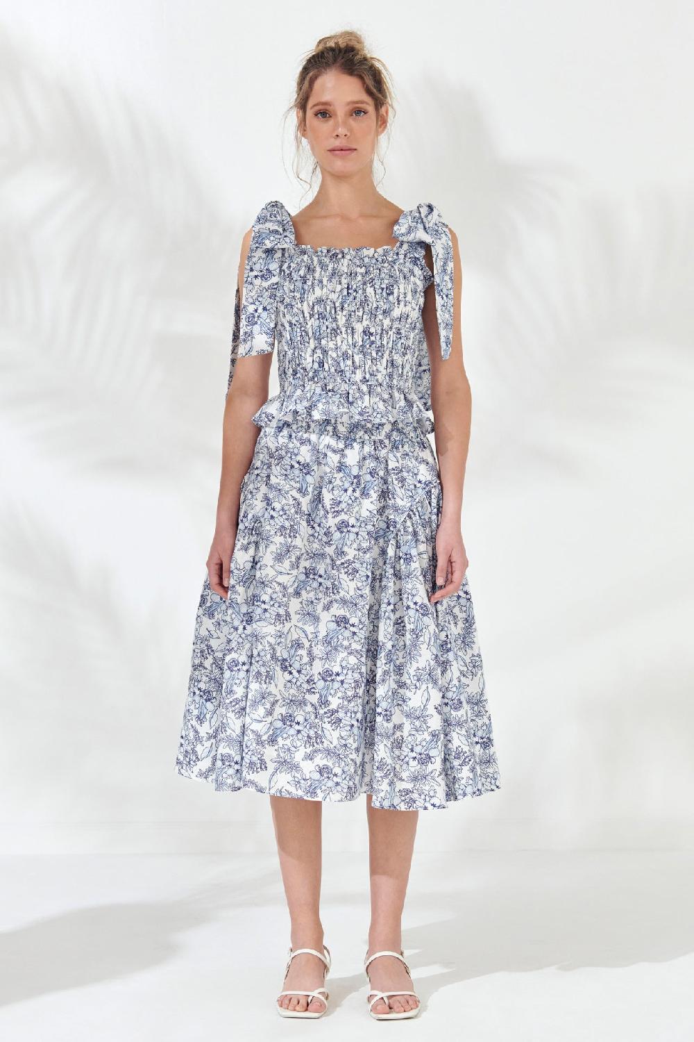 endless rose Print Linen Midi Skirt BLUE