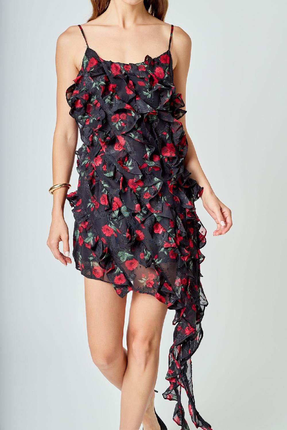 Endless Rose Print Ruffled Maxi Dress BLACK/RED