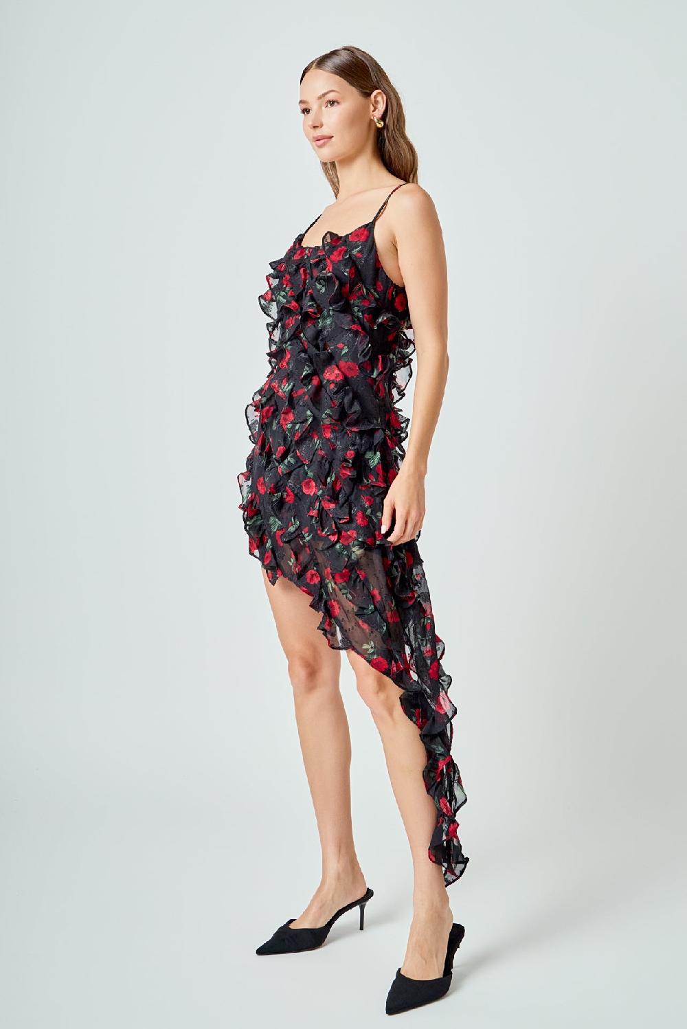 Endless Rose Print Ruffled Maxi Dress BLACK/RED