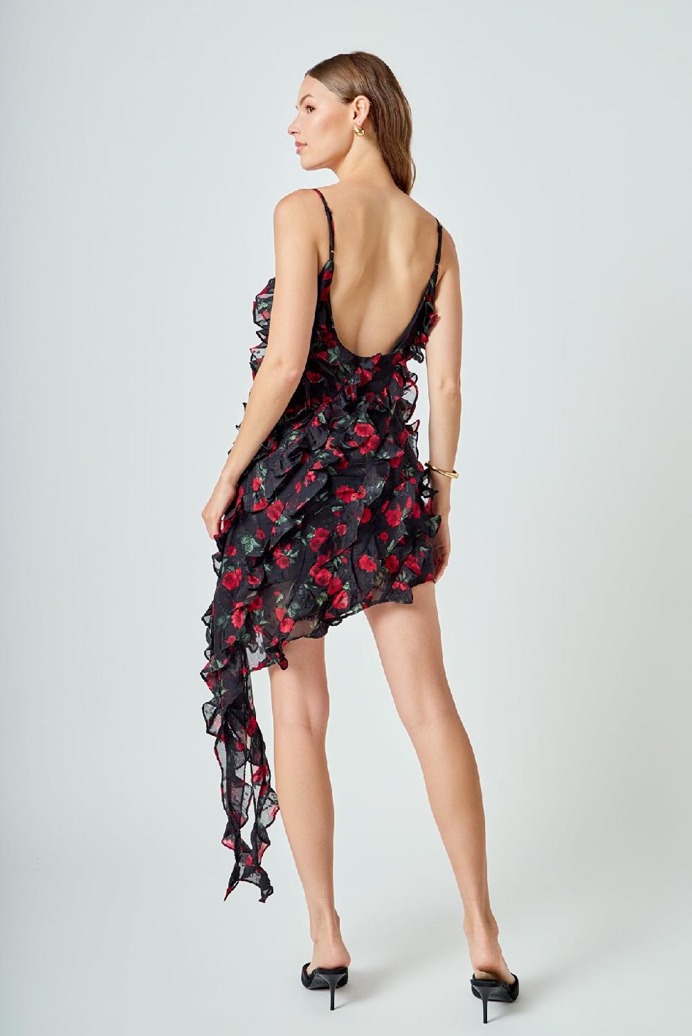 Endless Rose Print Ruffled Maxi Dress BLACK/RED