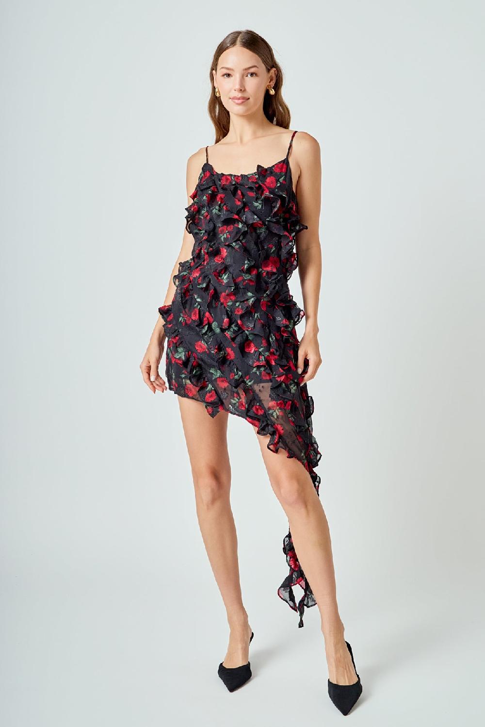 endless rose Print Ruffled maxi Dress BLACK/RED