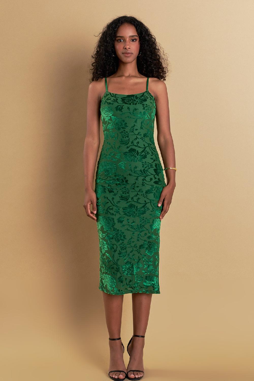 Endless Rose Print Velvet Slip Dress GREEN