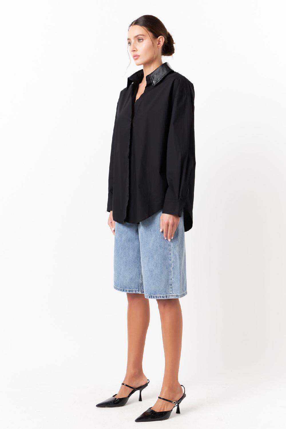 Endless Rose Pu Collared Oversize Shirt BLACK
