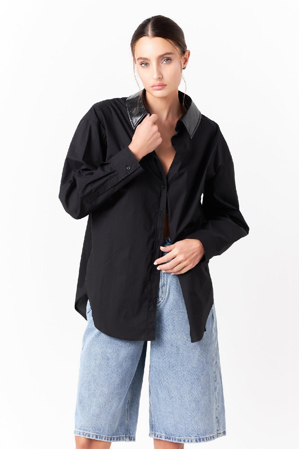 Endless Rose Pu Collared Oversize Shirt BLACK