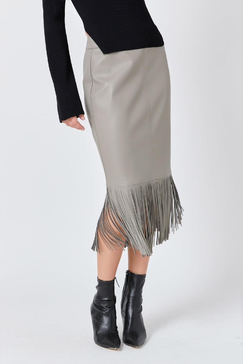 Endless Rose Pu Fringe Pencil Midi Skirt TAUPE