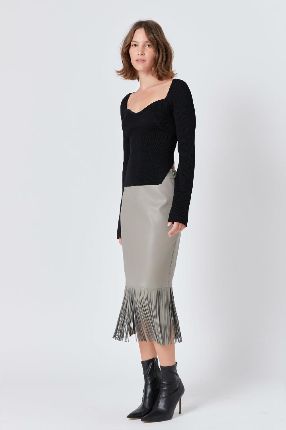 Endless Rose Pu Fringe Pencil Midi Skirt TAUPE