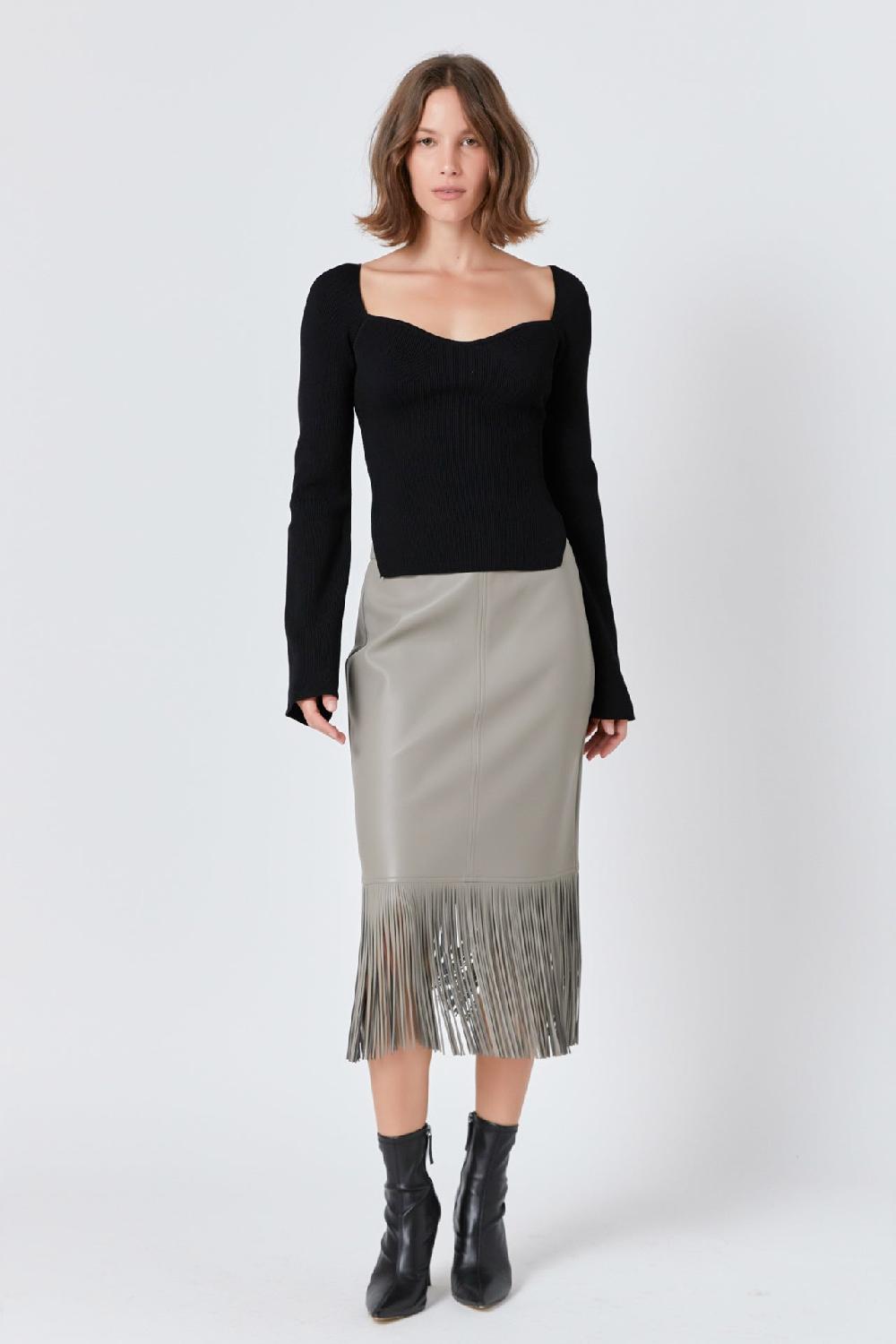 endless rose Pu Fringe Pencil Midi Skirt TAUPE