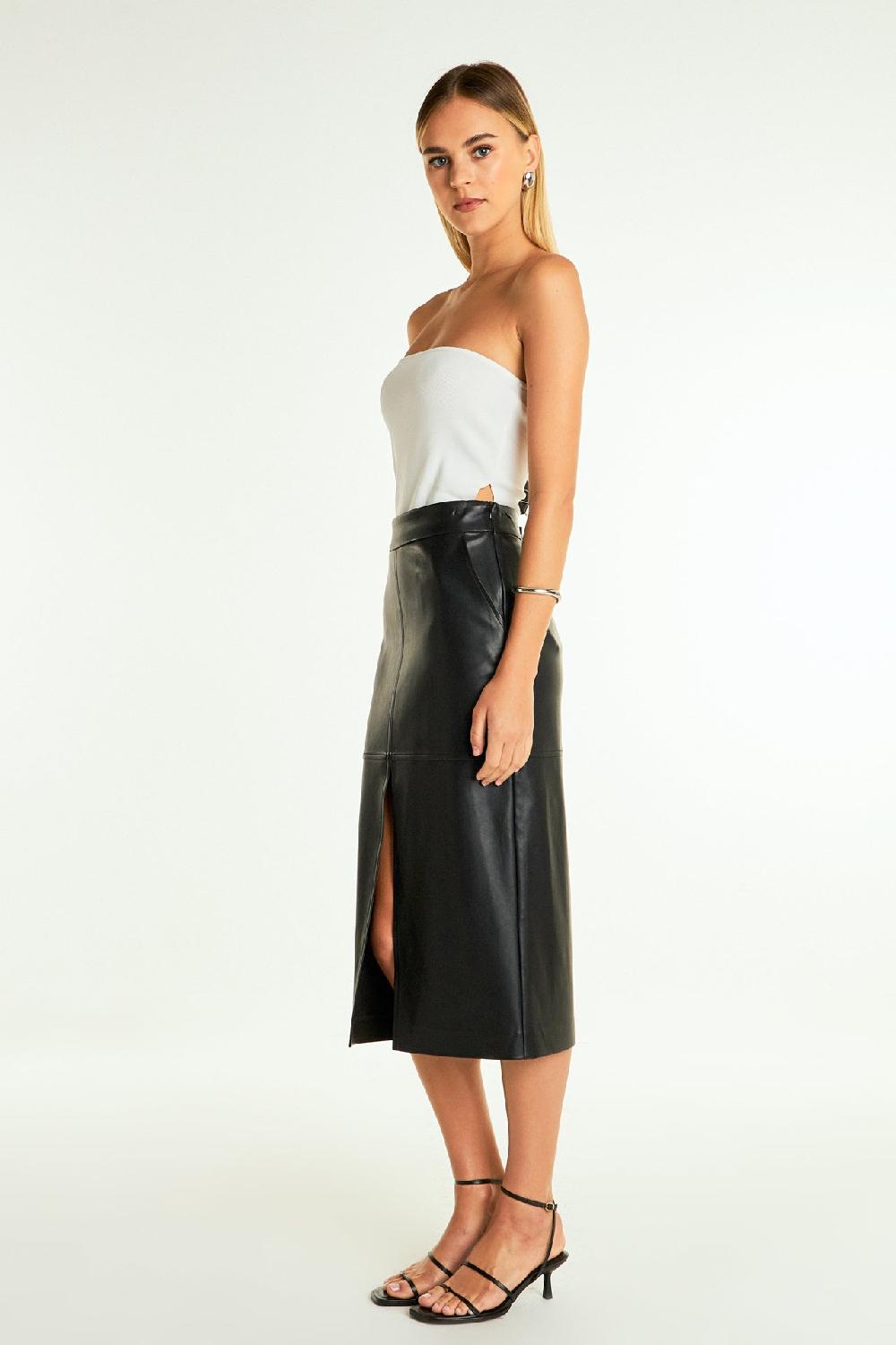 Endless Rose Pu Front Slit Midi Skirt BLACK