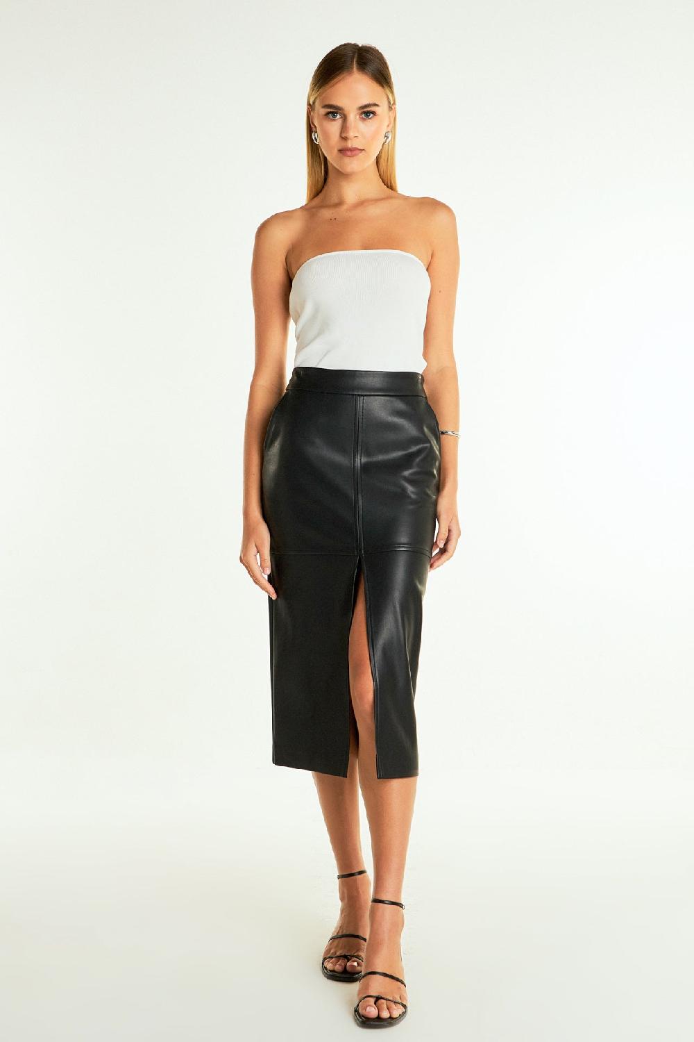 endless rose Pu Front Slit Midi Skirt BLACK