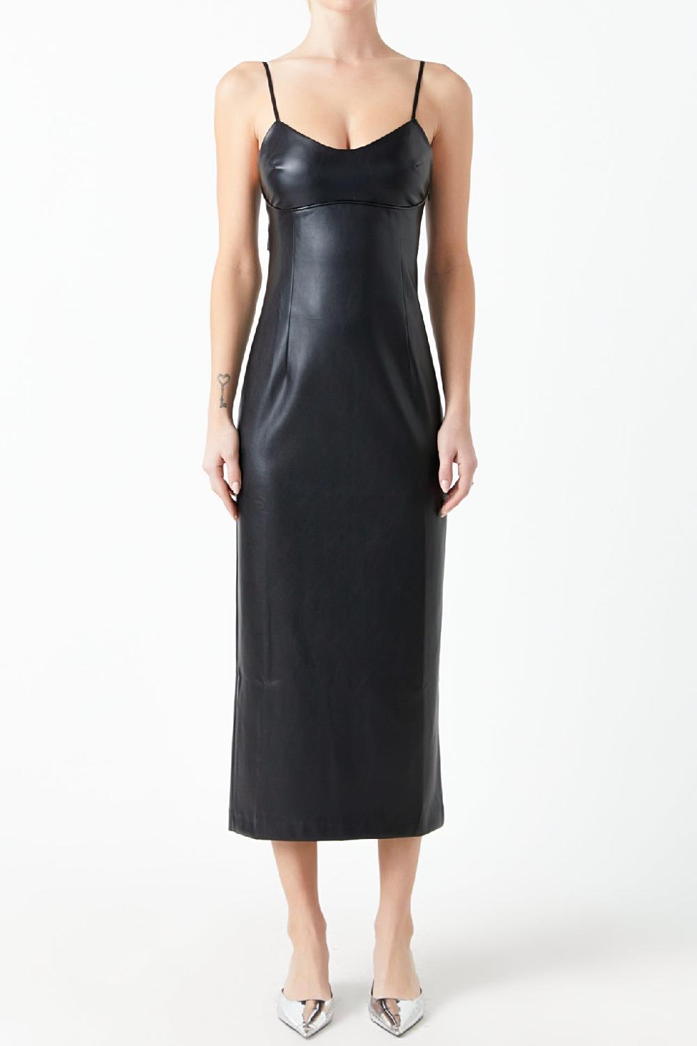 Endless Rose Pu Midi Sleeveless Dress BLACK