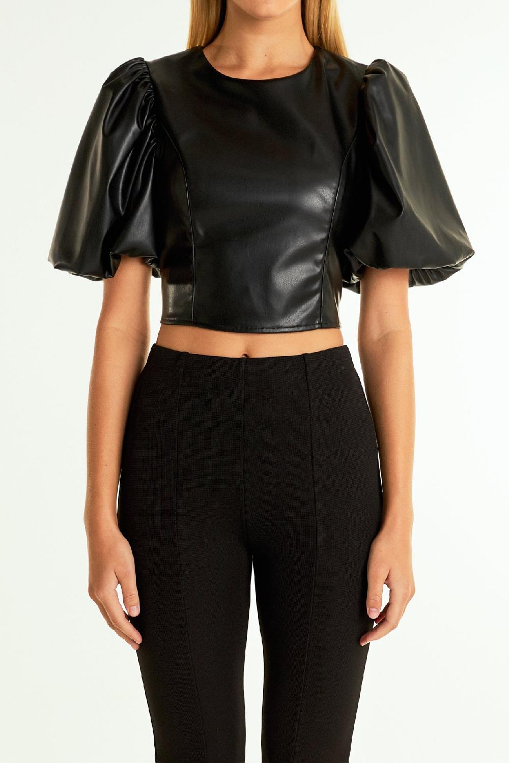 Endless Rose Pu Puff Sleeve Cropped Top BLACK