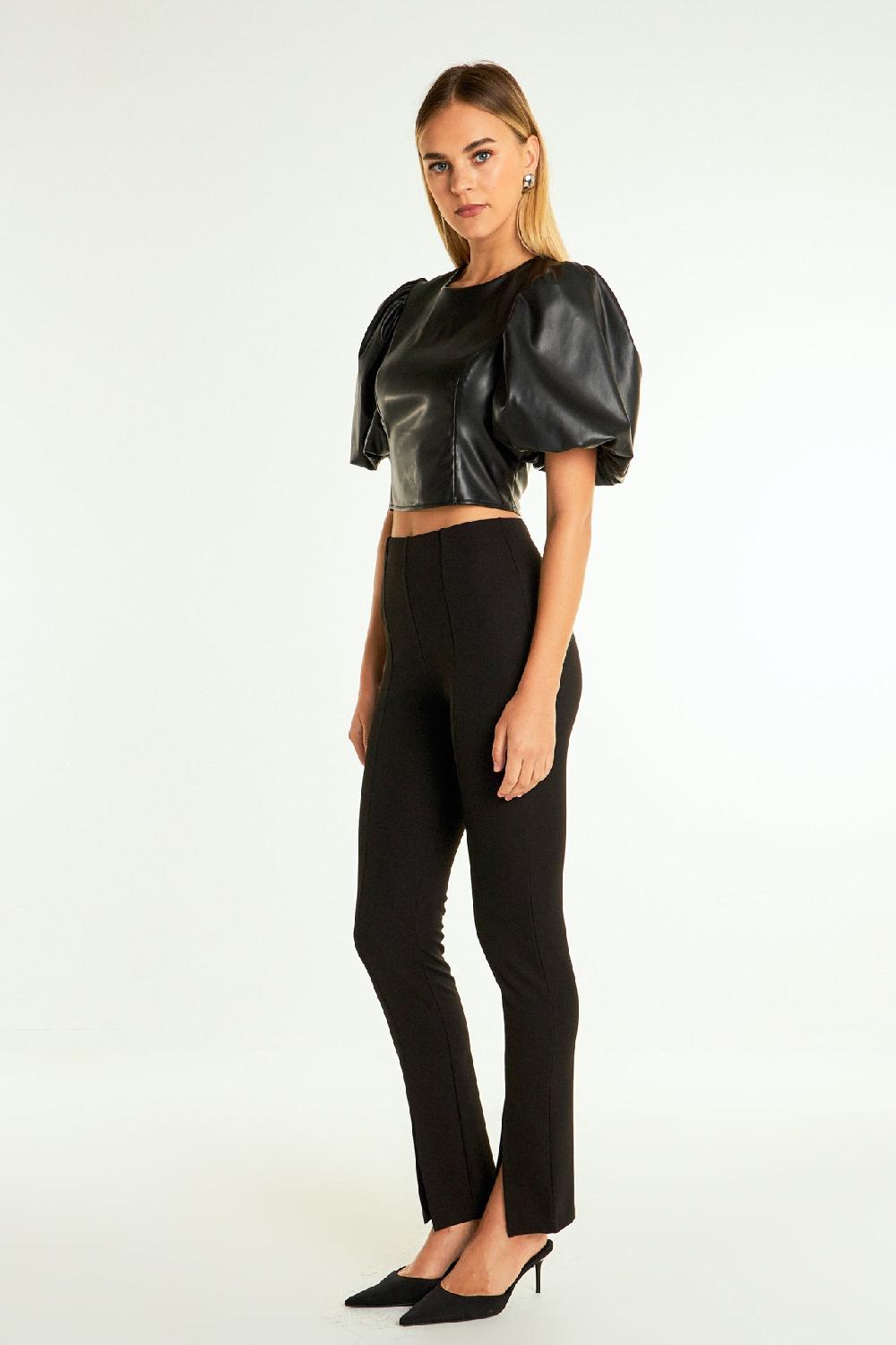 Endless Rose Pu Puff Sleeve Cropped Top BLACK