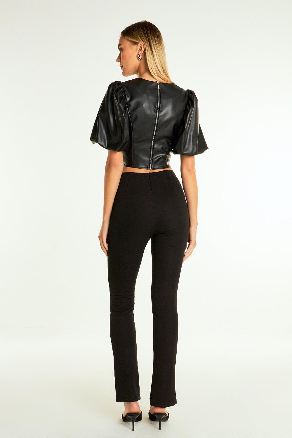 Endless Rose Pu Puff Sleeve Cropped Top BLACK