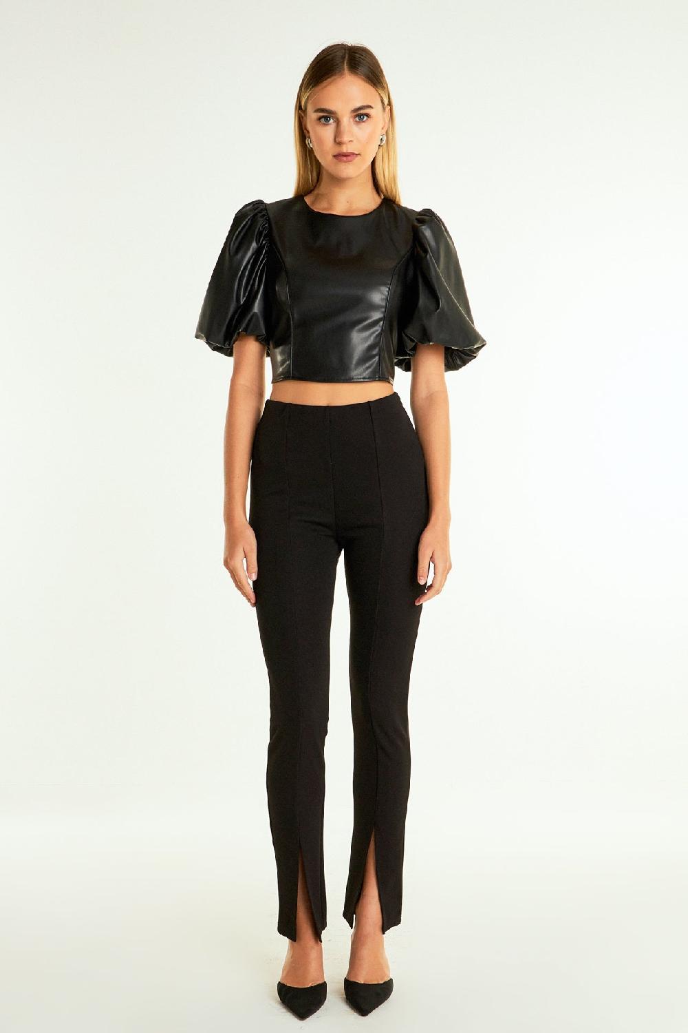 endless rose Pu Puff Sleeve Cropped Top BLACK