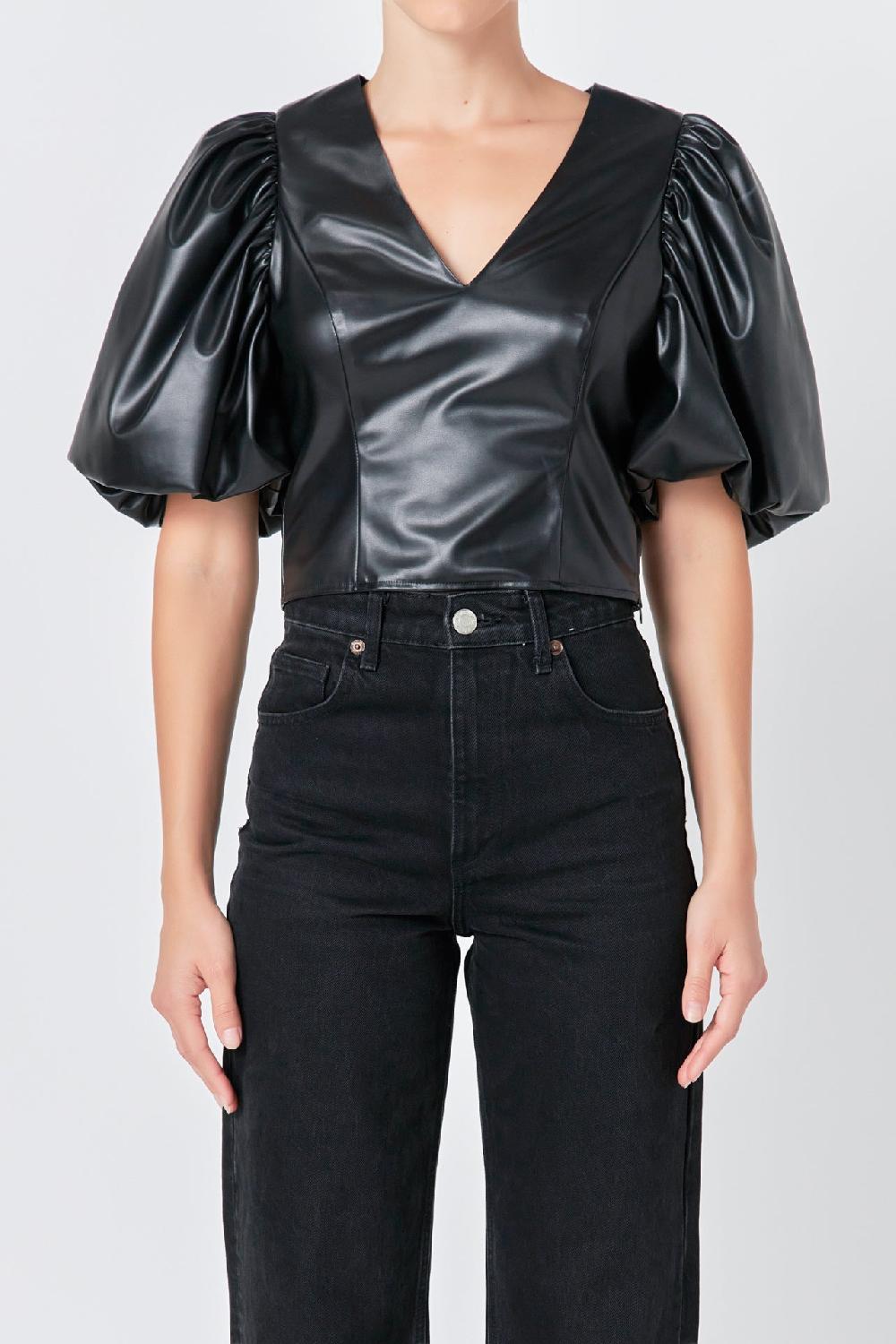 Endless Rose Pu Puff Sleeve Top BLACK