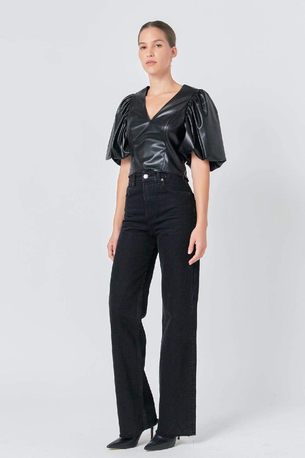 Endless Rose Pu Puff Sleeve Top BLACK