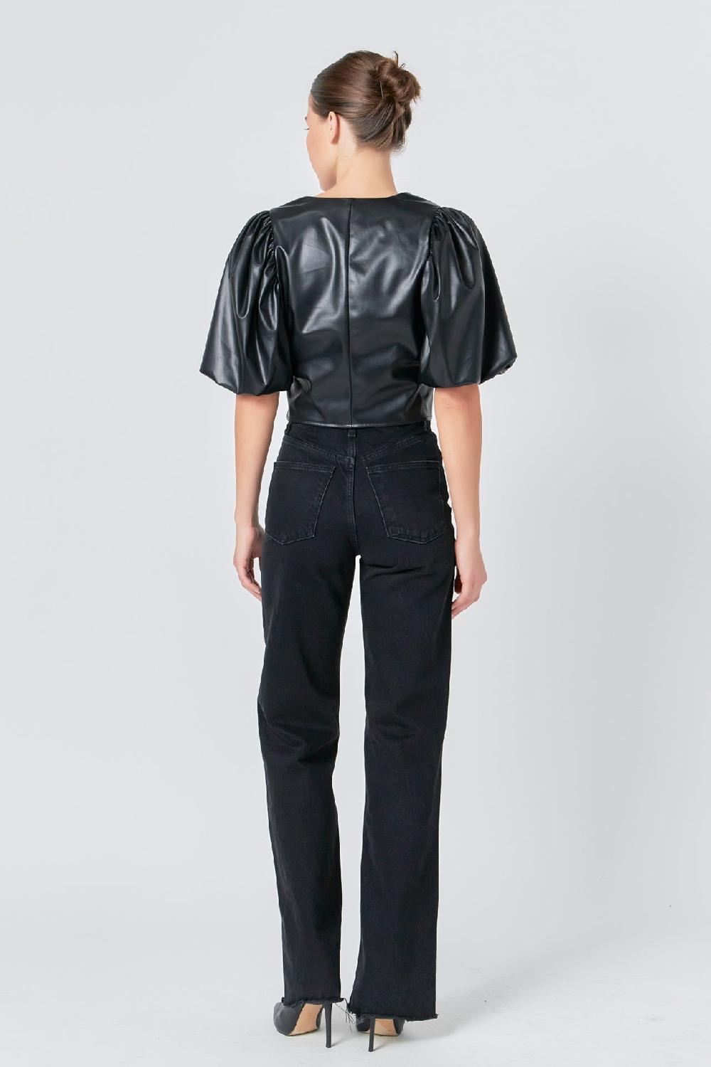 Endless Rose Pu Puff Sleeve Top BLACK