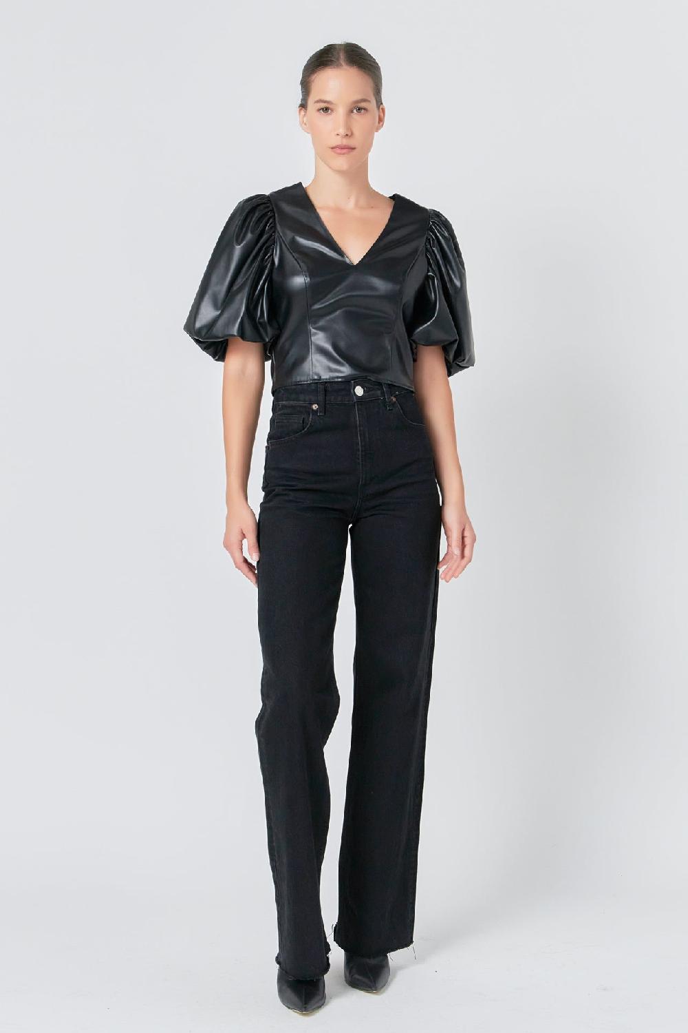 endless rose Pu Puff Sleeve Top BLACK