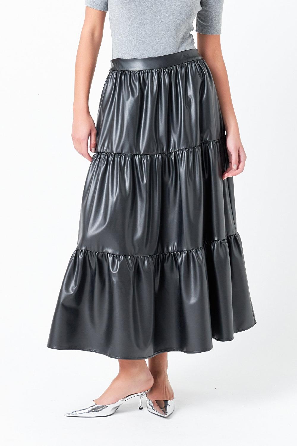 Endless Rose Pu Tiered Long Skirt BLACK
