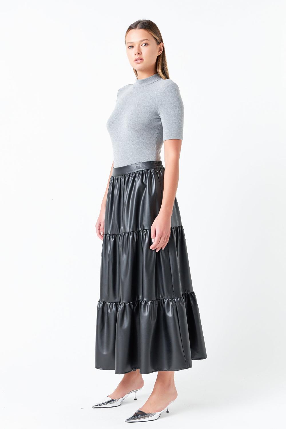 Endless Rose Pu Tiered Long Skirt BLACK