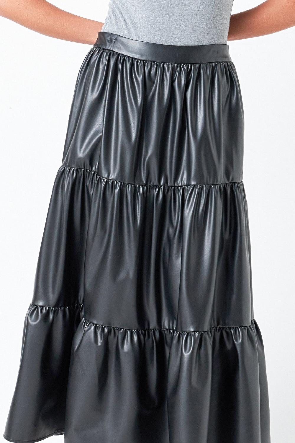 Endless Rose Pu Tiered Long Skirt BLACK