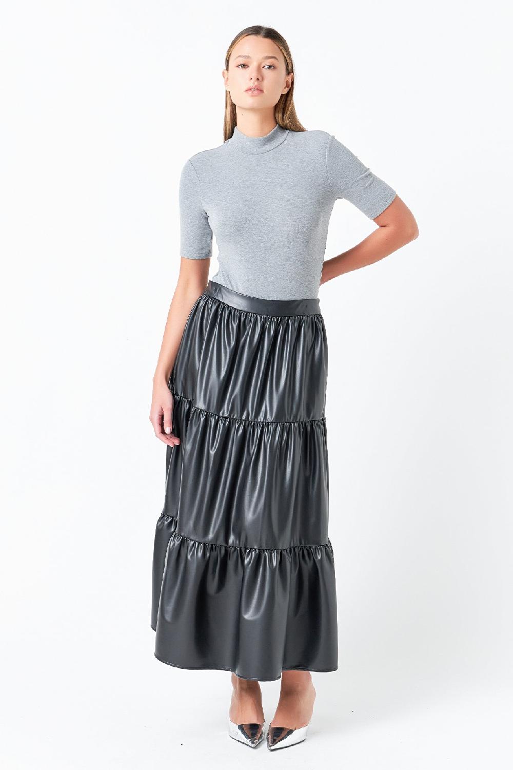 endless rose Pu Tiered Long Skirt BLACK