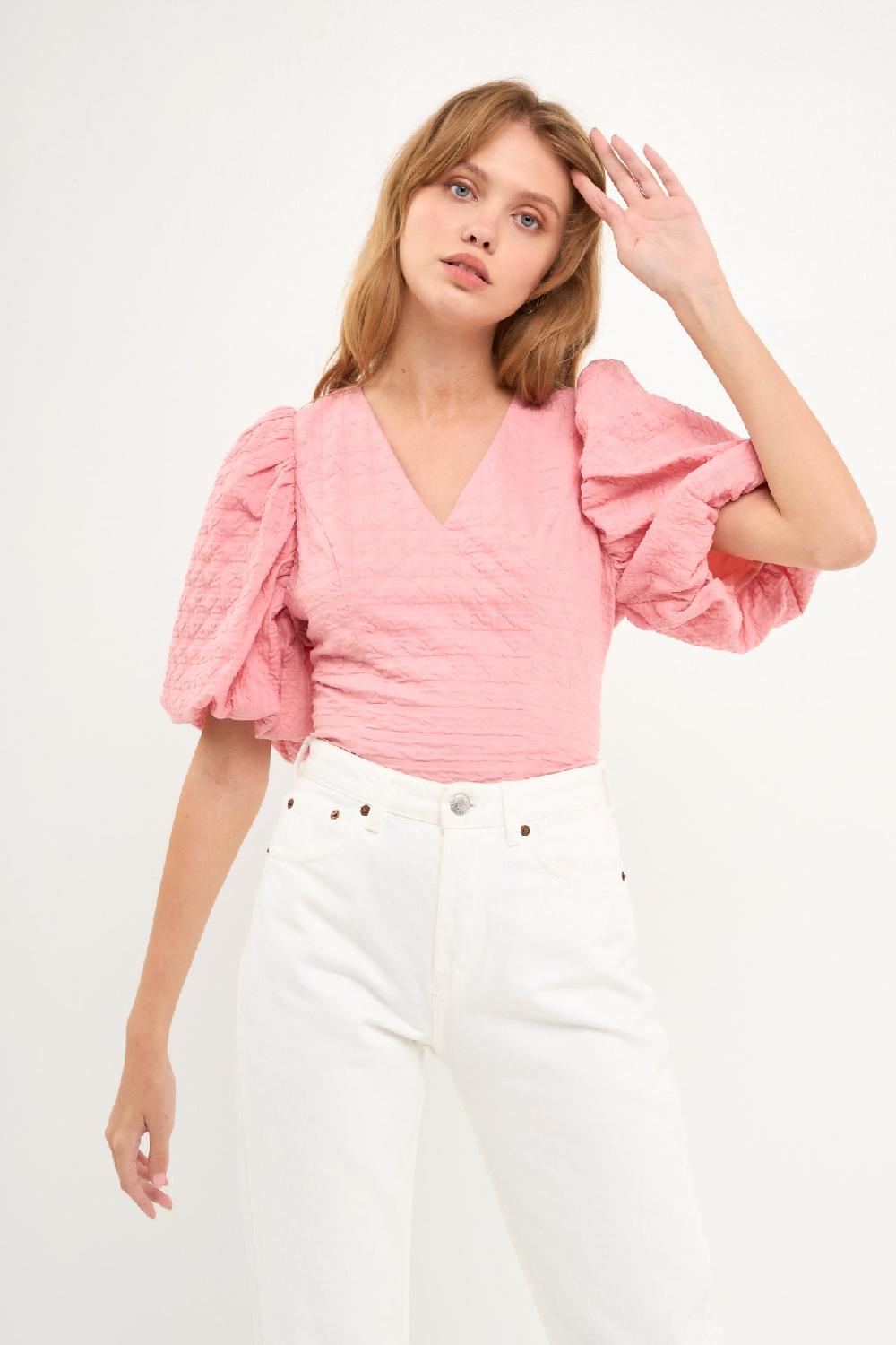 Endless Rose Puff Sleeve Check Jacquard Top PINK